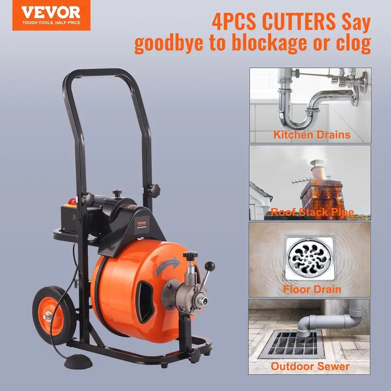 100-Foot Automatic Drain Auger with 1/2-Inch Cable, Quad-Cutter Head, and Hands-Free Foot Pedal 2
