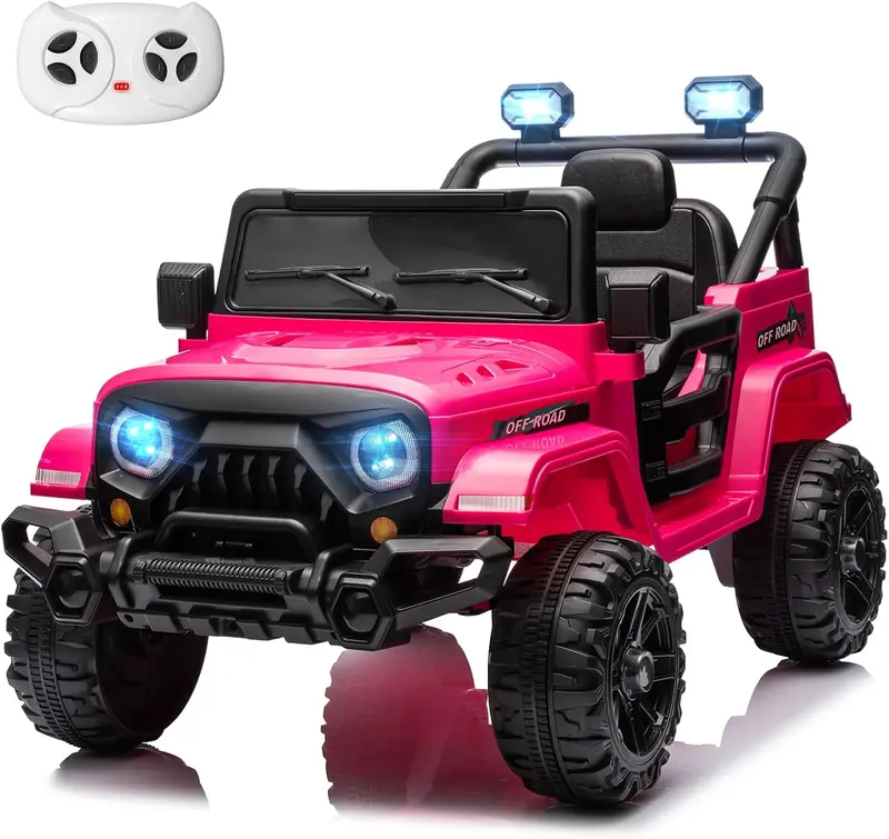 12V Remote-Controlled Ride-On Truck for Children – Twin 35W Motors, Bluetooth Audio, Dynamic LED Lighting, Suspension System & Safety Harness (Rosy Color)