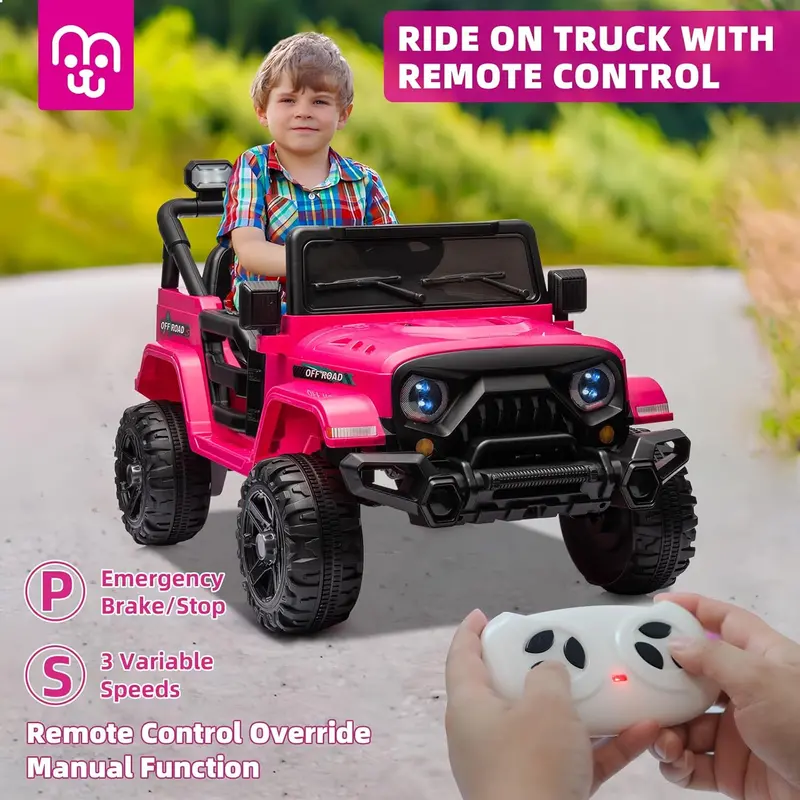 12V Remote-Controlled Ride-On Truck for Children – Twin 35W Motors, Bluetooth Audio, Dynamic LED Lighting, Suspension System & Safety Harness (Rosy Color)