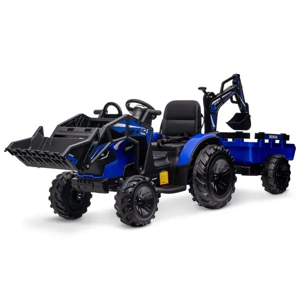 24V 3-in-1 Ride-On Tractor Toy – Excavator, Bulldozer & Tractor Functions with Remote, LED Lights & Bluetooth Audio (Blue)