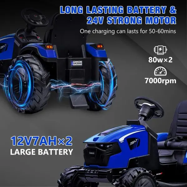 24V 3-in-1 Ride-On Tractor Toy – Excavator, Bulldozer & Tractor Functions with Remote, LED Lights & Bluetooth Audio (Blue)