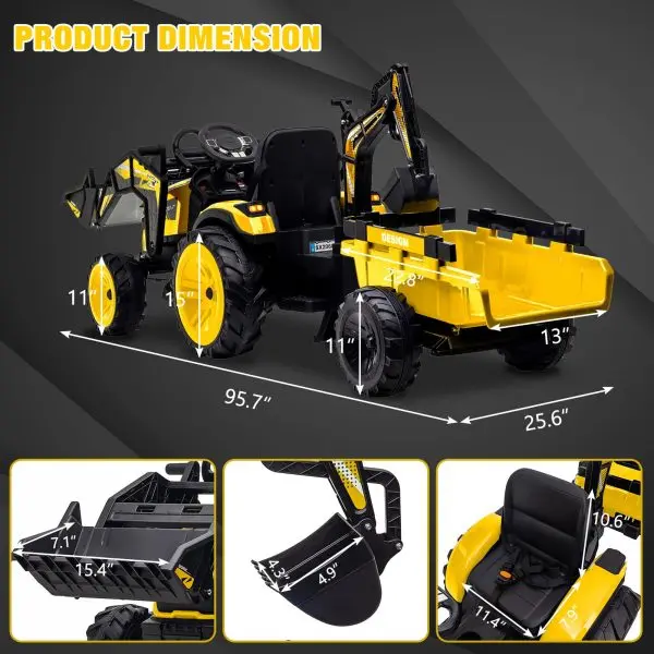 24V 3-in-1 Ride-On Tractor Toy – Excavator, Bulldozer & Tractor Modes with Remote, LED Lights, USB & Bluetooth (Yellow)