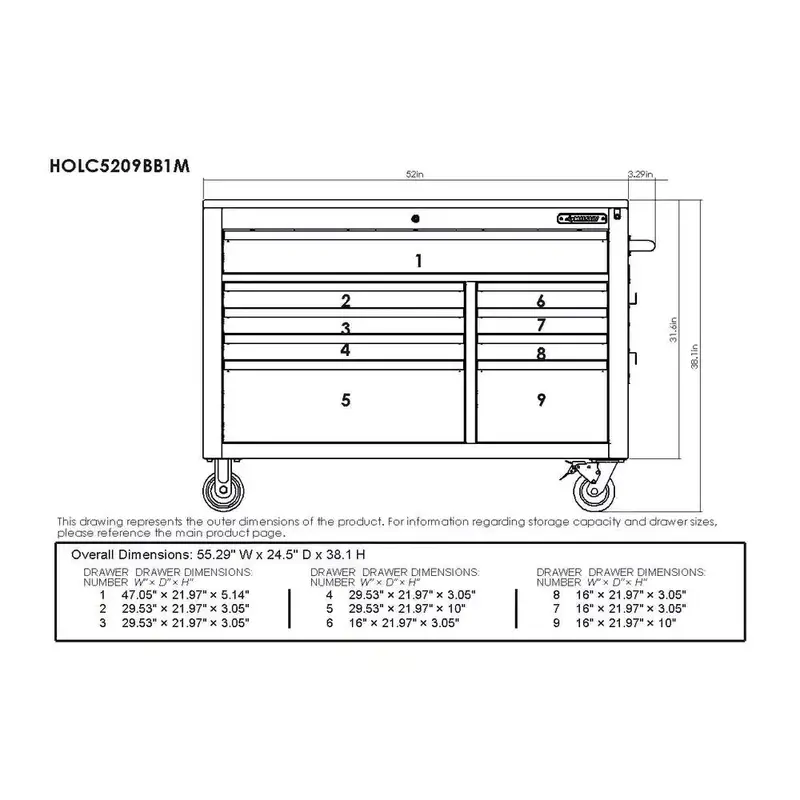 52-Inch 9-Drawer Rolling Workbench – Industrial-Strength Steel Frame with Solid Wood Surface & Matte Blue Coating