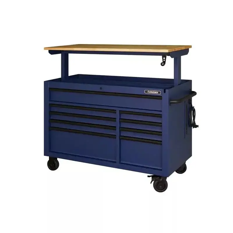 52-Inch 9-Drawer Rolling Workbench – Industrial-Strength Steel Frame with Solid Wood Surface & Matte Blue Coating