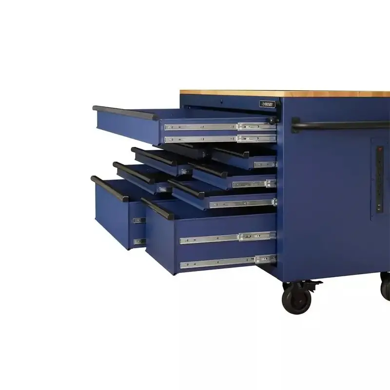 52-Inch 9-Drawer Rolling Workbench – Industrial-Strength Steel Frame with Solid Wood Surface & Matte Blue Coating
