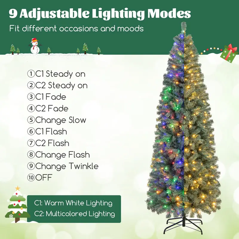 7.5-Foot Blue Slim Pencil Christmas Tree – Pre-Lit Design with 250 Warm White & Multicolor LEDs, 9 Modes, 724 Branch Tips 2