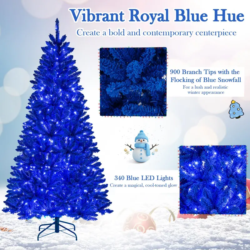 7-Foot Pre-Lit Royal Blue Snow-Flocked Artificial Christmas Tree with 340 Warm White LED Lights