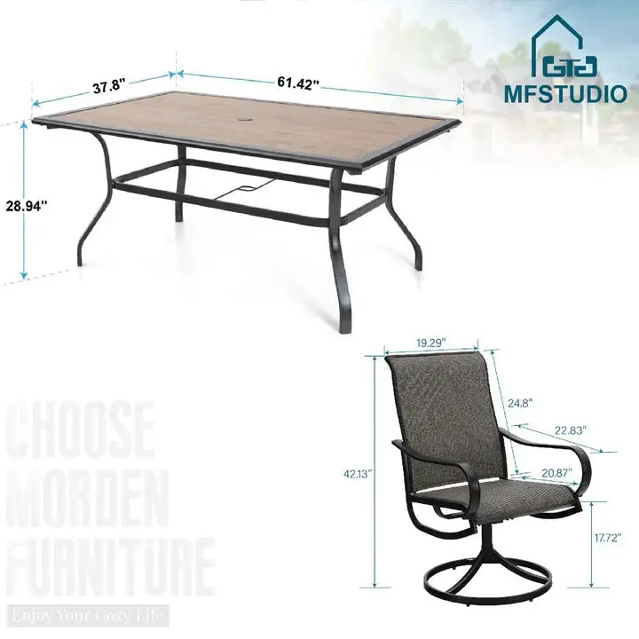 8-Piece Outdoor Dining Set – Umbrella Included with Six Sling Swivel Chairs