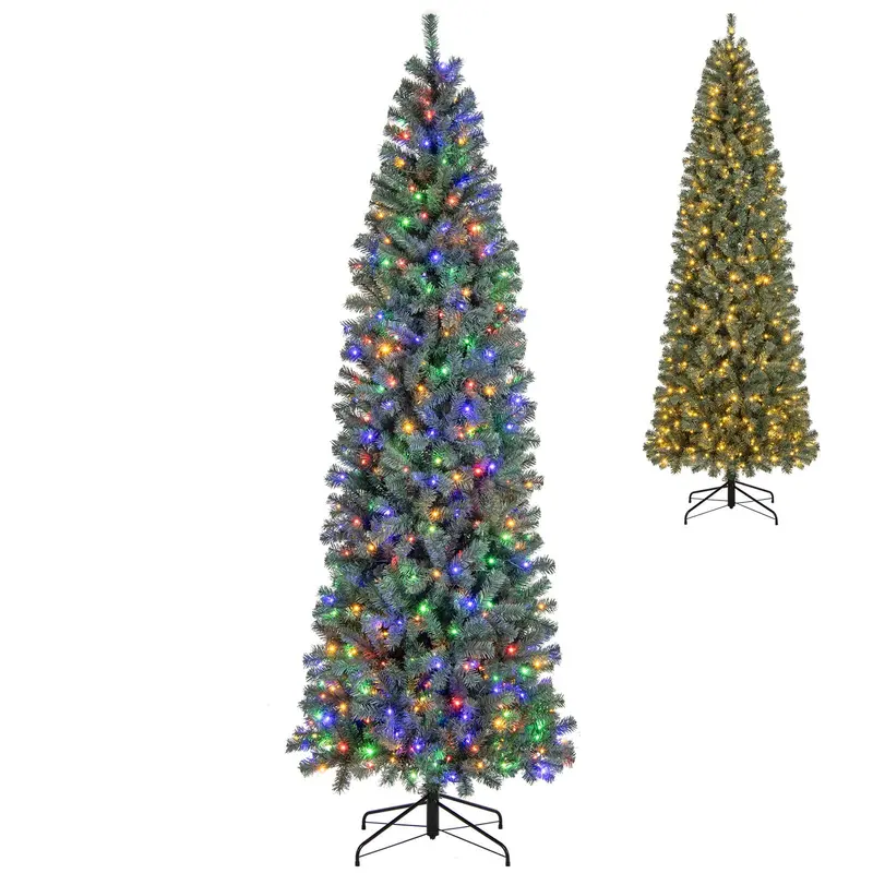 9-Foot Blue Slim Pencil Christmas Tree – Pre-Lit with 500 Warm White & Multicolor LEDs, 9 Lighting Modes, 1168 Branch Tips