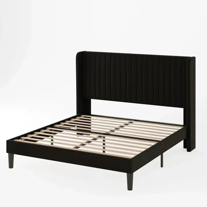 Allewie Full-Size Velvet Wingback Bed Featuring Vertical Channel Tufting and Premium Upholstered Finish