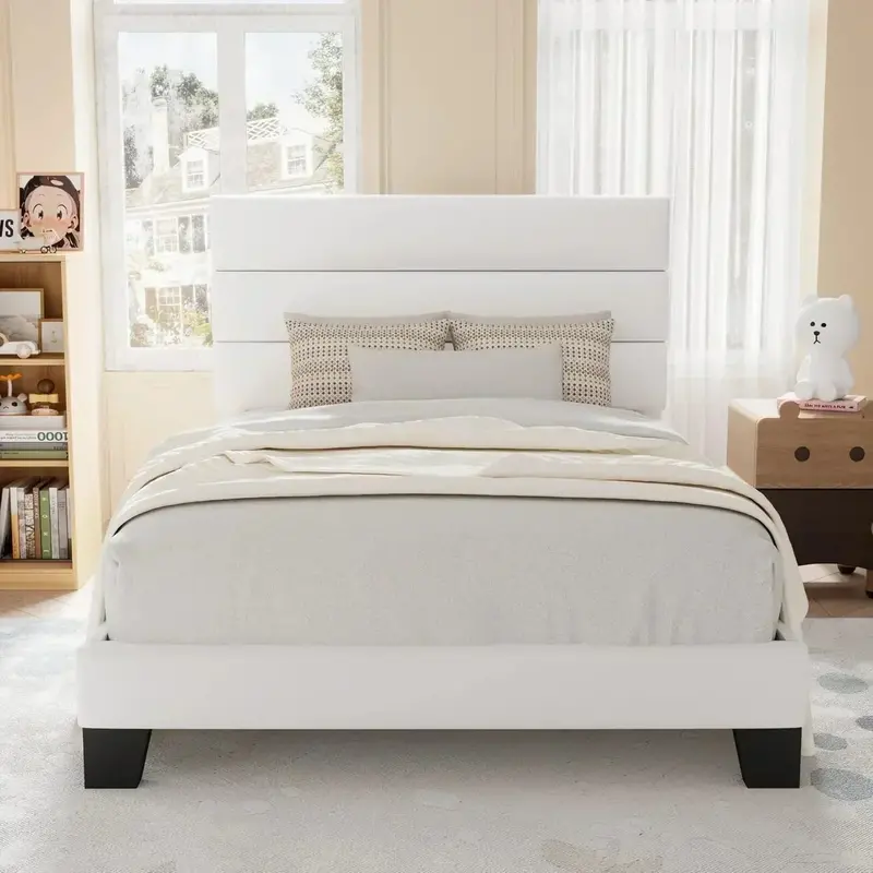 Allewie Queen Platform Bed Frame with Upholstered Headboard and Reinforced Solid Wood Slats