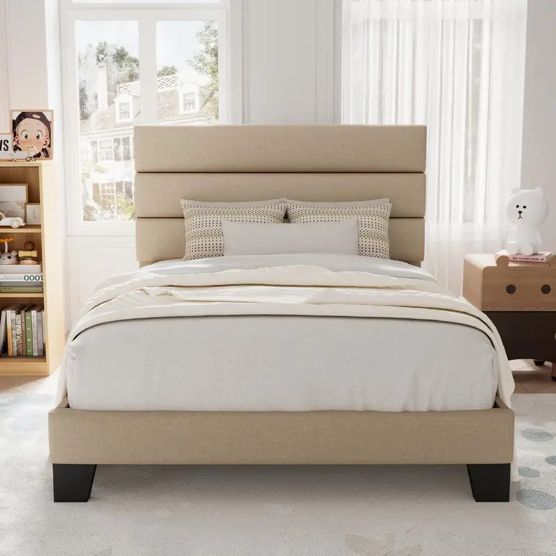 Allewie Queen Platform Bed Frame with Upholstered Headboard and Reinforced Solid Wood Slats