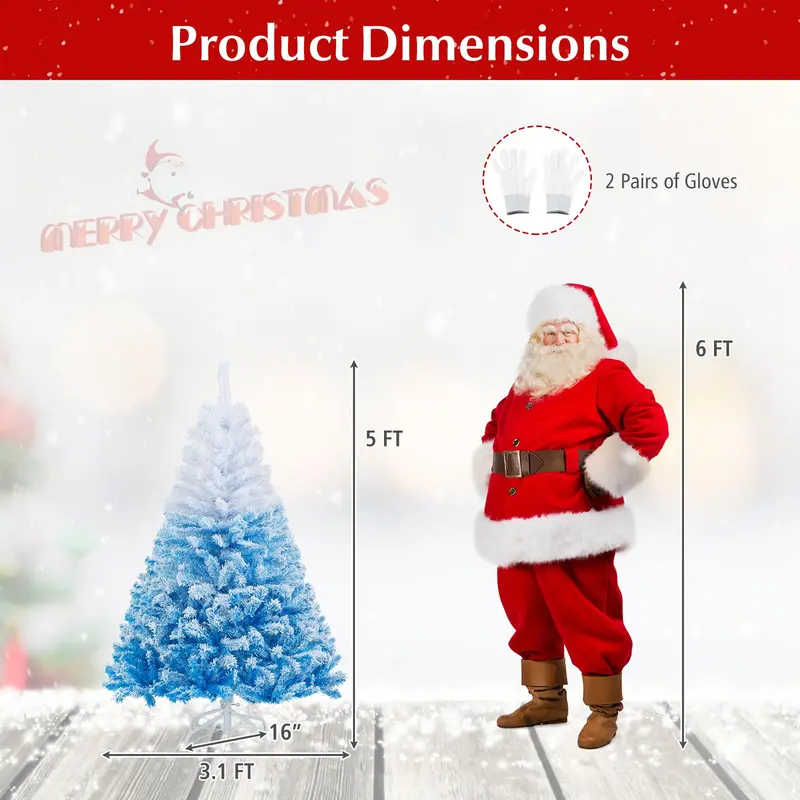Blue-and-White Snow-Flocked Christmas Tree with Dense Tips and Collapsible Metal Stand