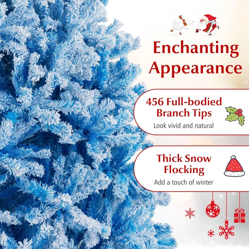 Blue-and-White Snow-Flocked Christmas Tree with Dense Tips and Collapsible Metal Stand