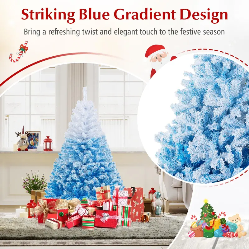 Blue-and-White Snow-Flocked Christmas Tree with Dense Tips and Collapsible Metal Stand