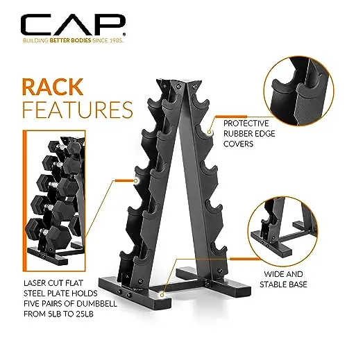 CAP Barbell 150LB Coated Hex Dumbbell Set with Space-Saving Vertical Rack