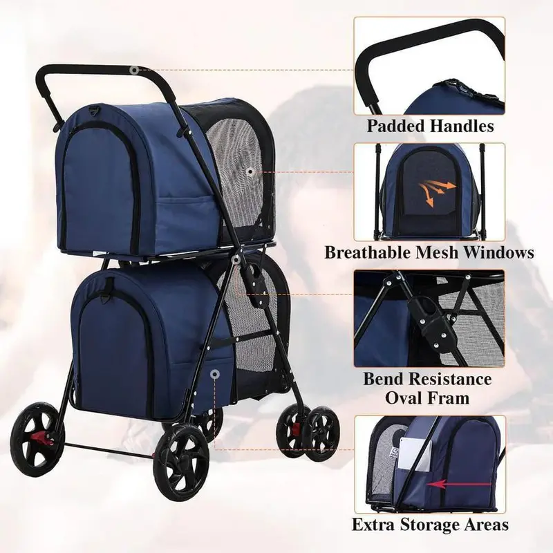 Double Pet Stroller – 42-Inch Navy Foldable Stroller with Four-Wheel Suspension for Two Dogs or Cats 2