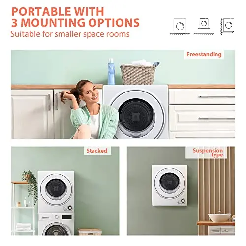 Euhomy 850W Compact Clothes Dryer — 1.5 Cubic Foot Drum, Ultra-Quiet Operation, Wall-Mount Capable, Multi-Program Settings for Small Spaces