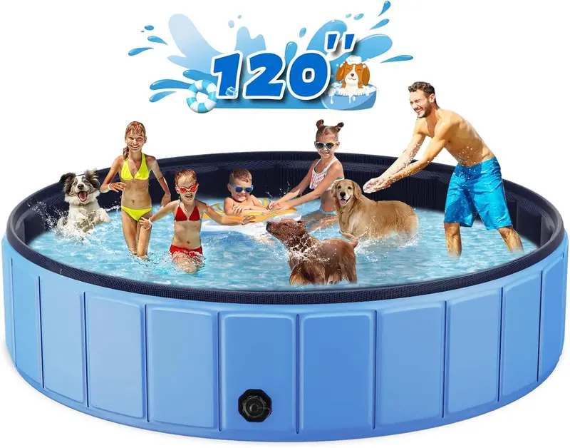 Extra-Large Foldable Dog Pool – 120" x 20" Leak-Resistant Hard-Plastic Pet Swimming Tub with PVC Reinforcement (Blue) 2