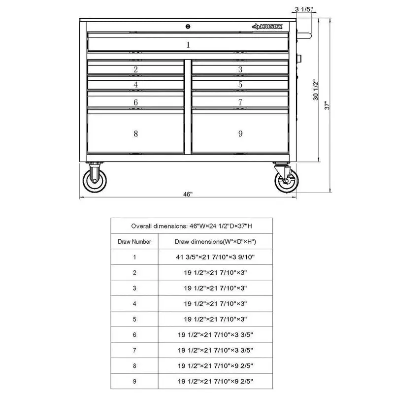 Gloss Black 9-Drawer Mobile Tool Chest – 46" Wide × 24" Deep Workbench with Casters