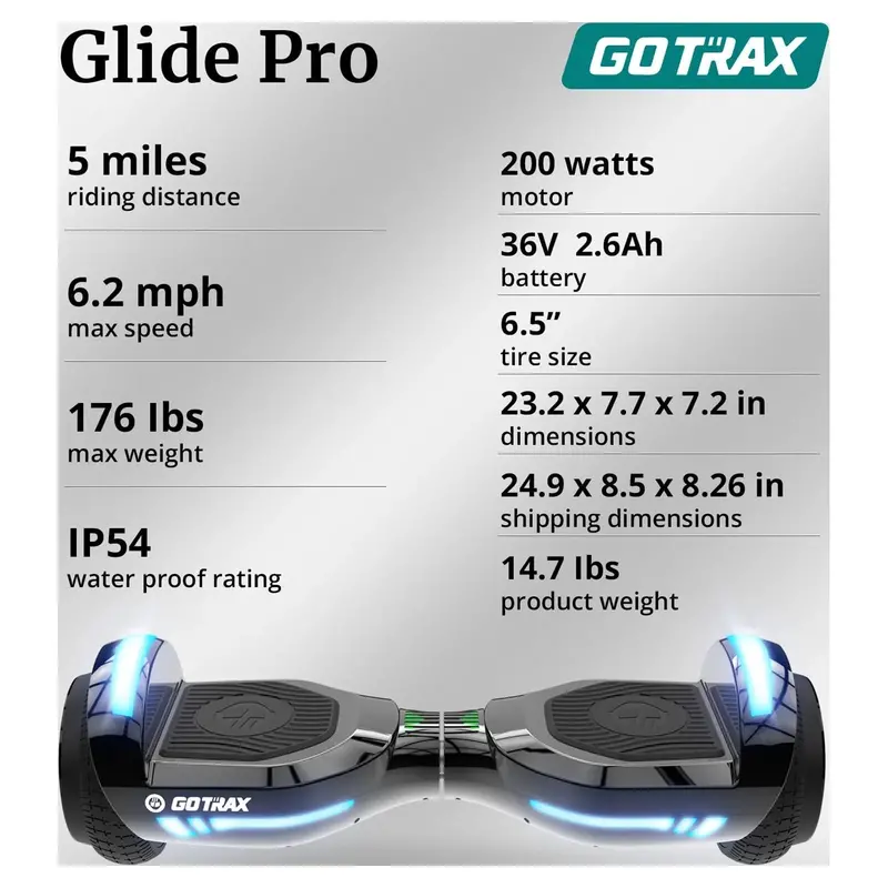 GOTRAX GLIDE PRO Bluetooth Hoverboard – Self-Balancing Scooter with 6.5-Inch Wheels, RGB LED Lighting & Weight Capacity 44–176 lbs