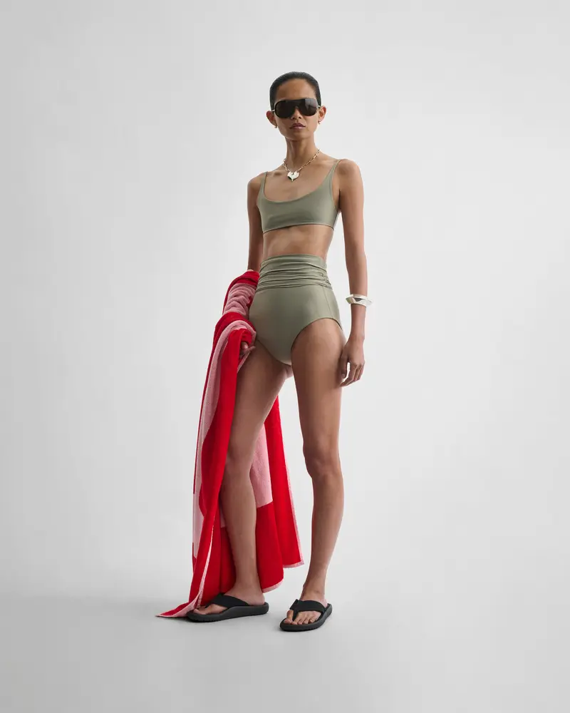 High-Waisted Fold-Down Bikini Bottoms In Light Sage Polyamide