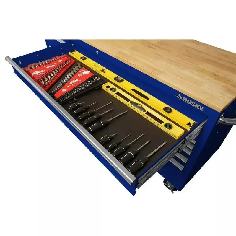 Husky Professional 72-Inch Rolling Workbench – Gloss Blue Finish, Solid Wood Surface, 18-Drawer Tool Organization