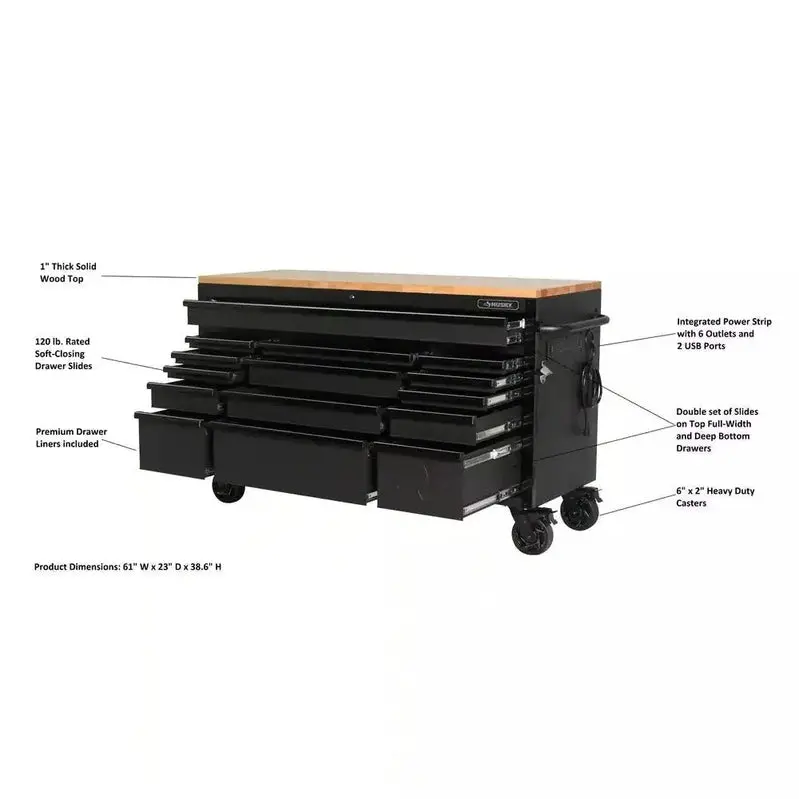 Industrial-Grade 61" Mobile Tool Cabinet – 15-Drawer Steel Base & Durable Solid Wood Countertop
