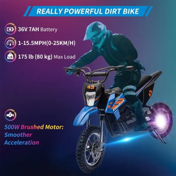 Kids' 36V Electric Dirt Bike – 350W Motor, 15.5 MPH Top Speed, LED Lighting (Blue)