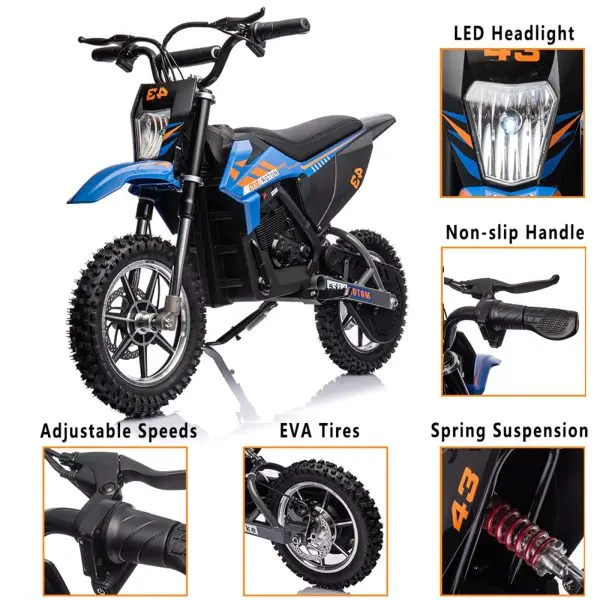 Kids' 36V Electric Dirt Bike – 350W Motor, 15.5 MPH Top Speed, LED Lighting (Blue)