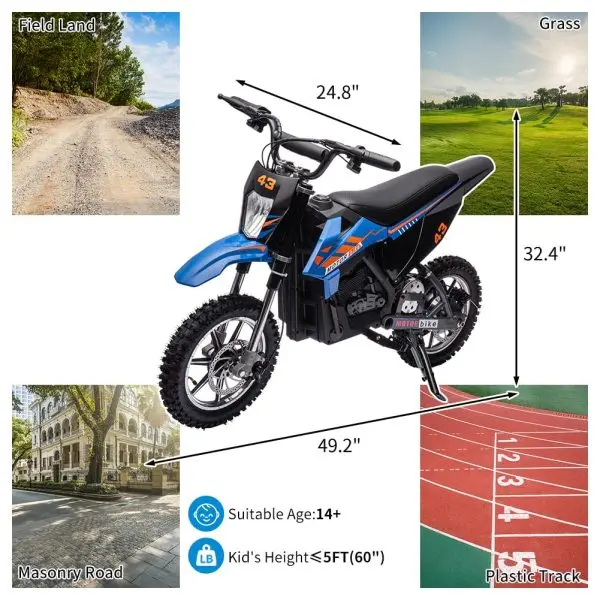 Kids' 36V Electric Dirt Bike – 350W Motor, 15.5 MPH Top Speed, LED Lighting (Blue)