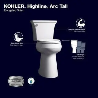 KOHLER Highline Arc Extra-Tall Elongated Toilet – Single-Flush Efficiency, White Finish, Includes Premium Soft-Close Seat (Model 78305-0)