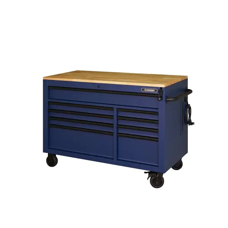Matte Blue 52-Inch Adjustable Mobile Workbench with 9-Drawer Storage and Solid Wood Surface