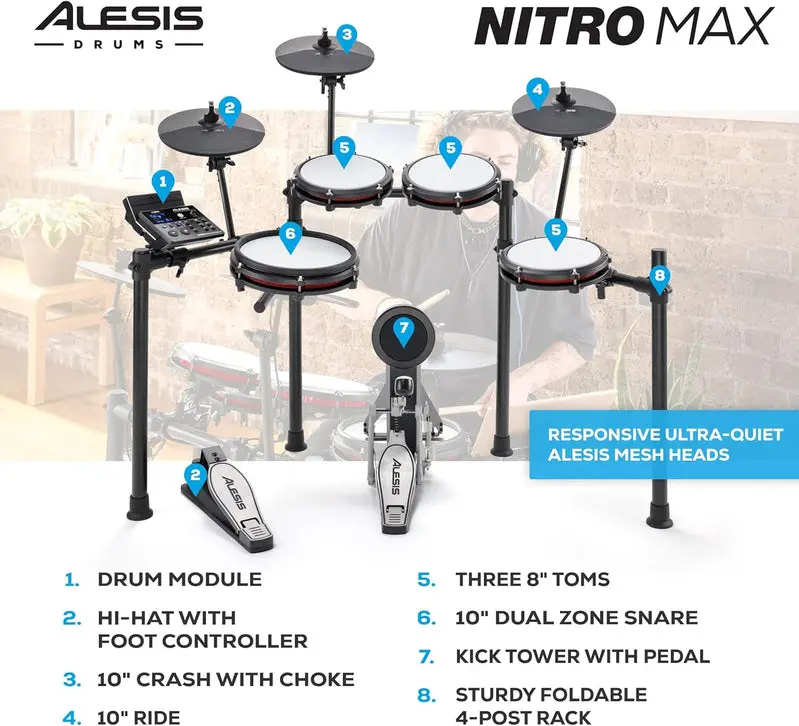 Nitro Max Wireless Electronic Drum Kit – Professional Mesh Drum Pads, Bluetooth Integration, Full-Size Digital Drum Set
