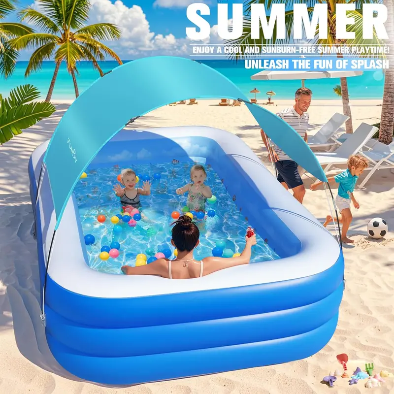 Ocean-Inspired Inflatable Family Pool with Sunshade Canopy – Extra-Large Backyard Splash Pool (105" x 75" x 25"), Reinforced Walls, Vibrant Blue Finish