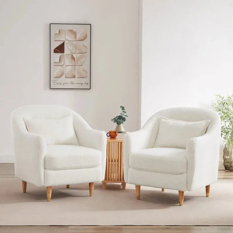 Pair of Velvet Barrel Accent Chairs — Elegant Solid Wood Legs and Tailored Upholstery