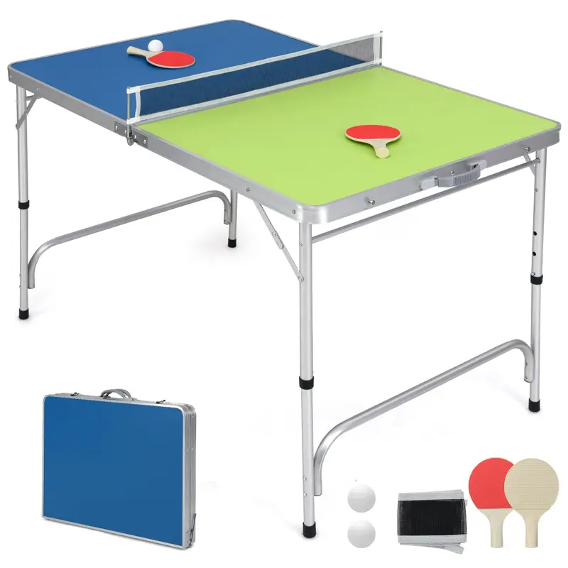 Pre-Assembled Foldable Ping Pong Table – Comes with Adjustable Net and Dual-Color Paddles (47" Blue/Green)
