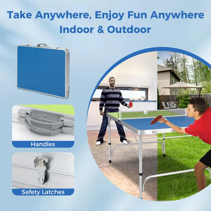 Pre-Assembled Foldable Ping Pong Table – Comes with Adjustable Net and Dual-Color Paddles (47" Blue/Green)