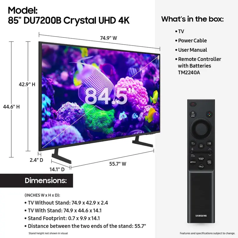 Samsung 85-Inch DU7200 Crystal UHD 4K Smart TV – HDR Compatibility, Motion Xcelerator Tech, and Object Tracking Sound Lite