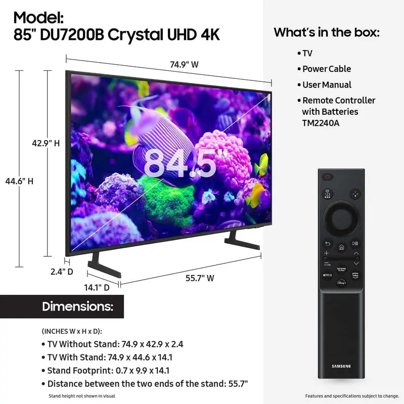 Samsung 85-Inch DU7200B 4K Smart TV – 2024 Crystal UHD with PurColor, HDR, and Tizen OS