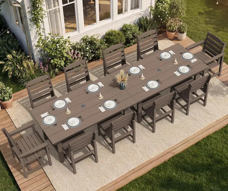 SERWALL Blue HDPE 7-Piece Outdoor Dining Set: Weatherproof Patio Table with Umbrella Hole + Six Stackable Chairs