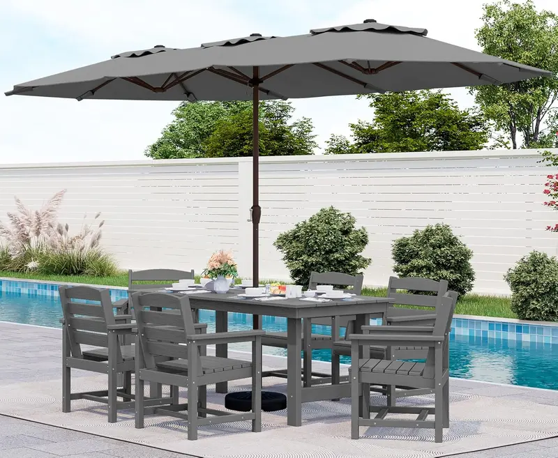 SERWALL Blue HDPE 7-Piece Outdoor Dining Set: Weatherproof Patio Table with Umbrella Hole + Six Stackable Chairs