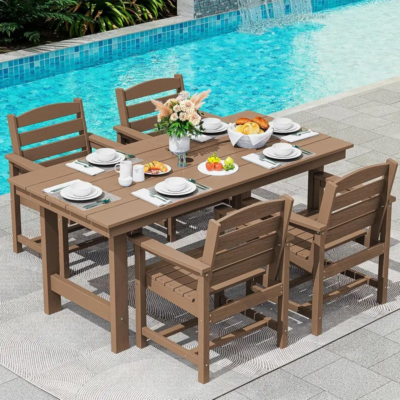 SERWALL Blue HDPE 7-Piece Outdoor Dining Set: Weatherproof Patio Table with Umbrella Hole + Six Stackable Chairs