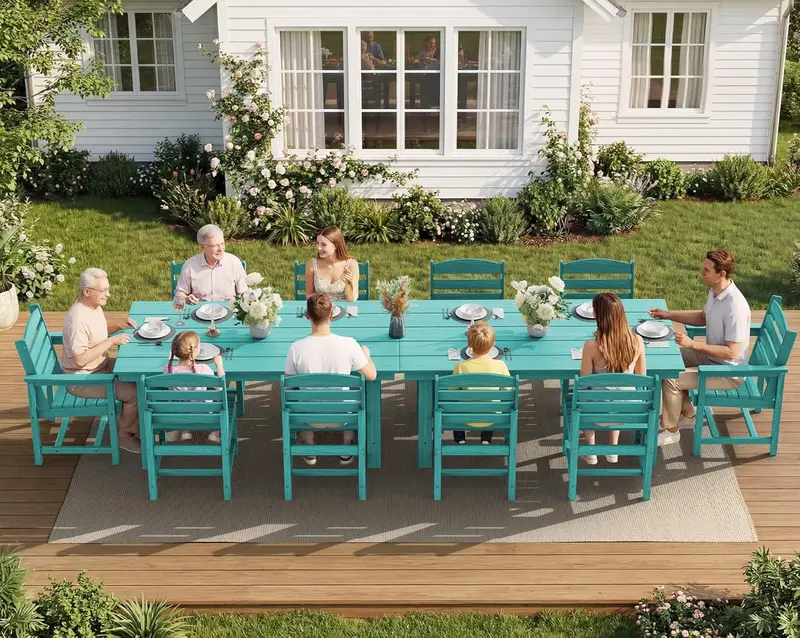 SERWALL Blue HDPE 7-Piece Outdoor Dining Set: Weatherproof Patio Table with Umbrella Hole + Six Stackable Chairs