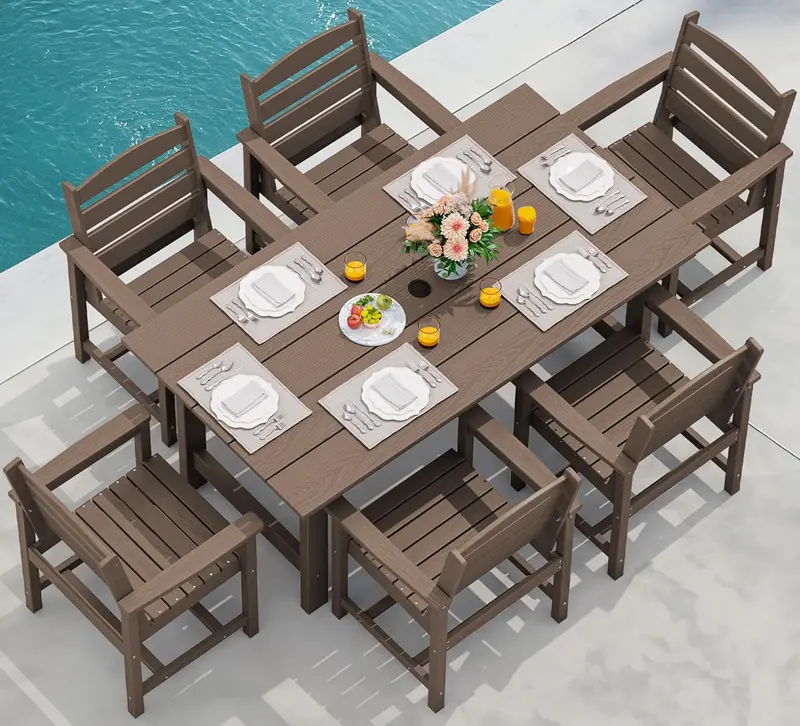 SERWALL Blue HDPE 7-Piece Outdoor Dining Set: Weatherproof Patio Table with Umbrella Hole + Six Stackable Chairs