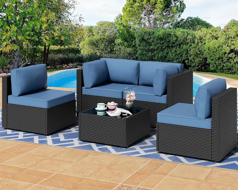 Shintenchi Aegean Blue PE Rattan 5-Piece Outdoor Sectional with Machine-Washable Cushions and Tempered Glass Table 2