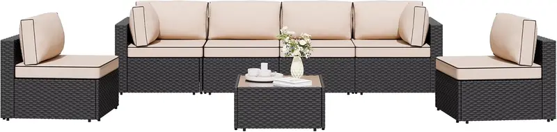 Shintenchi Aegean Blue PE Rattan 5-Piece Outdoor Sectional with Machine-Washable Cushions and Tempered Glass Table