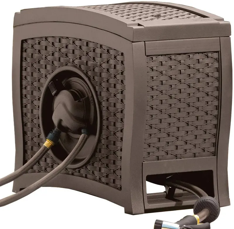 Suncast Aquawinder 125-Inch Retractable Hose Reel – Water-Powered, Portable Wicker Design in Java Finish
