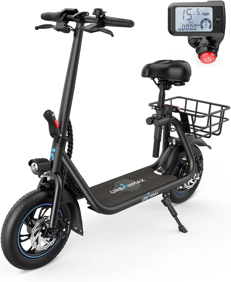 URBANMAX C1 Foldable Electric Scooter – 450W Motor, 22-Mile Range, Built-in Seat, and Dual Braking System (Black)