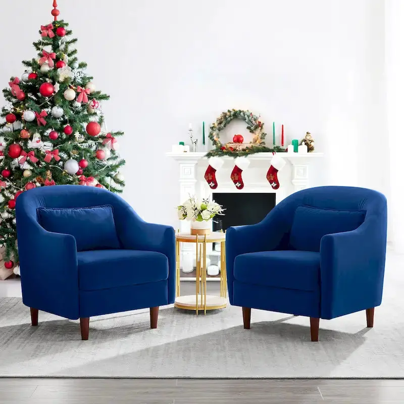 Velvet Barrel Accent Armchair Pair – Modern Two-Seat Set with Solid Wood Legs & Curved Silhouette